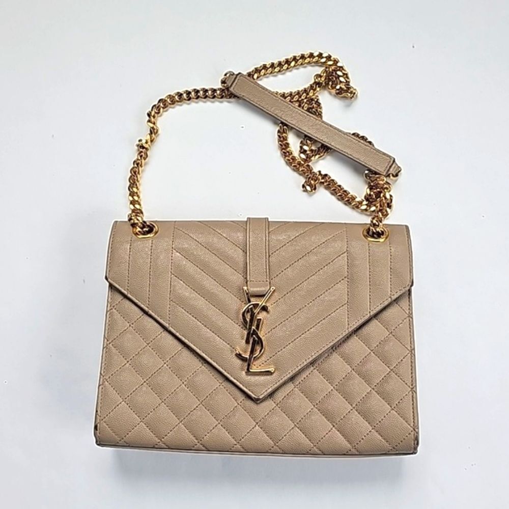 YSL Yves Saint Laurent Envelope Crossbody Bag Beige Tan